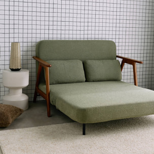 Banquette canapé convertible 2 places bois d'hévéa teinté noyer clair et bouclette texturée SVEN