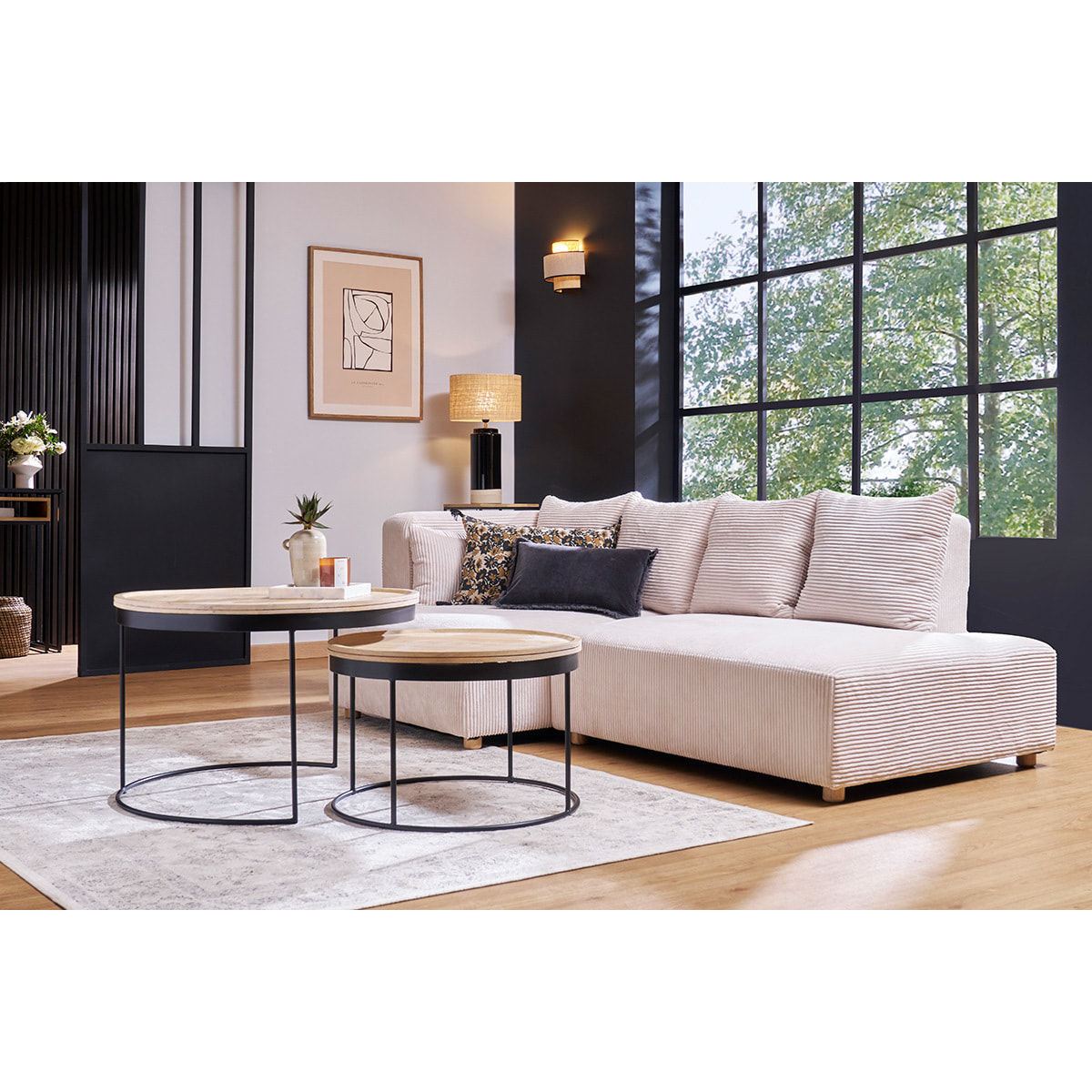 Tables basses gigognes rondes bois manguier massif et métal noir (lot de 2) LEDGE