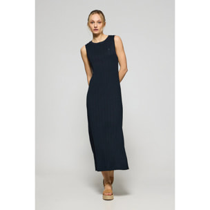 Vestito lungo blu marino a coste con monogramma ricamato