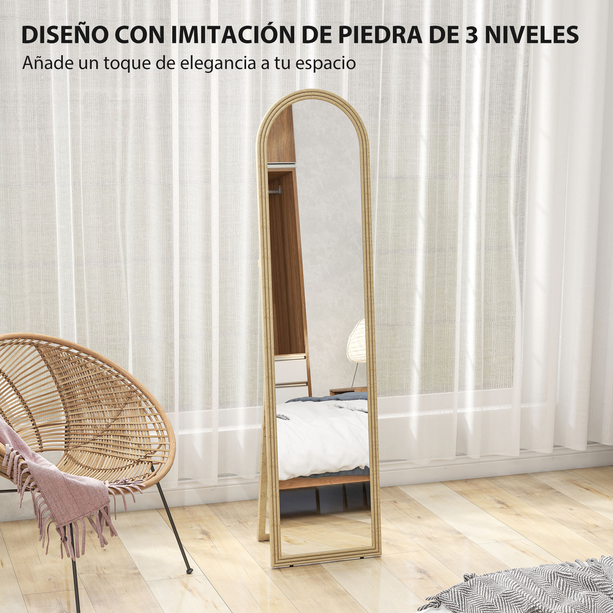 Espejo de Pie Cuerpo Entero 160x40 cm con Marco Efecto Piedra, Espejo de Pared Rectangular para Colgar con Soporte, 2 Formas de Uso, para Salón, Entrada y Dormitorio, Beige