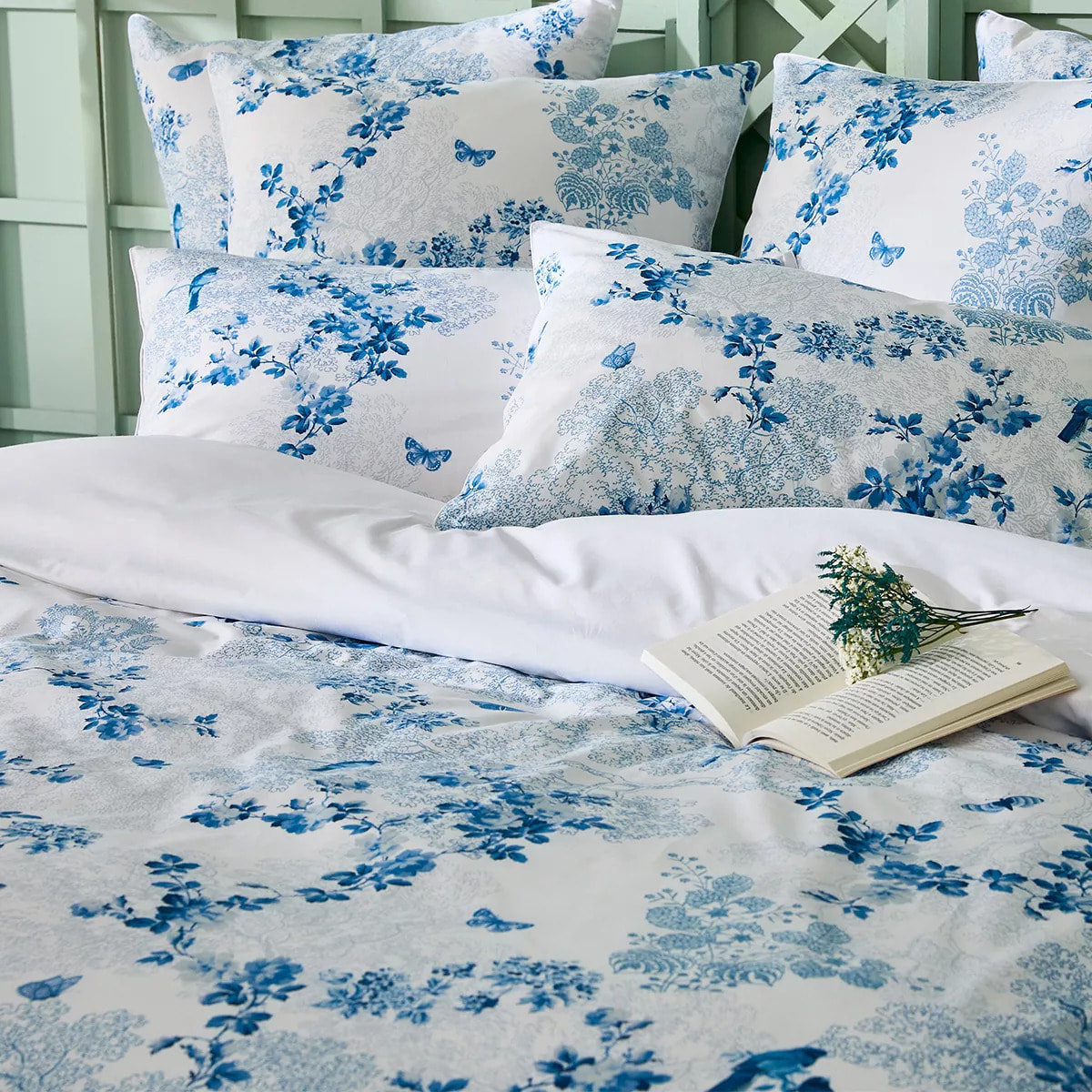 Housse de couette percale de coton 115 g/m² imprimé blanc bleu Voliere bleu