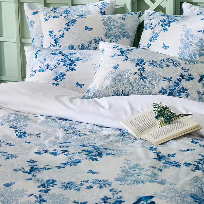 Housse de couette percale de coton 115 g/m² imprimé blanc bleu Voliere bleu