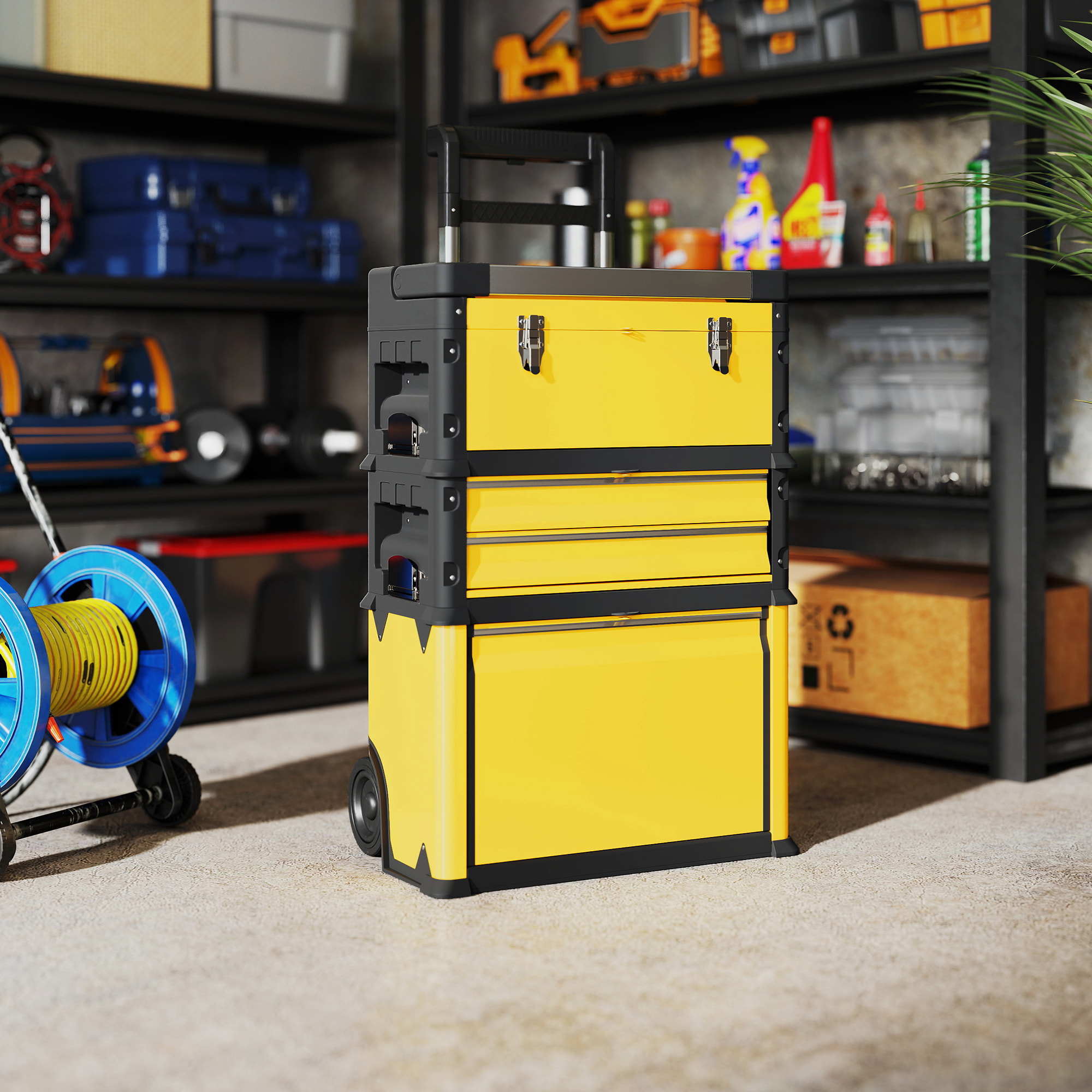 Servante d'atelier - servante outillage 3en1 - 2 boîtes à outils compactes + coffre - acier PP jaune noir