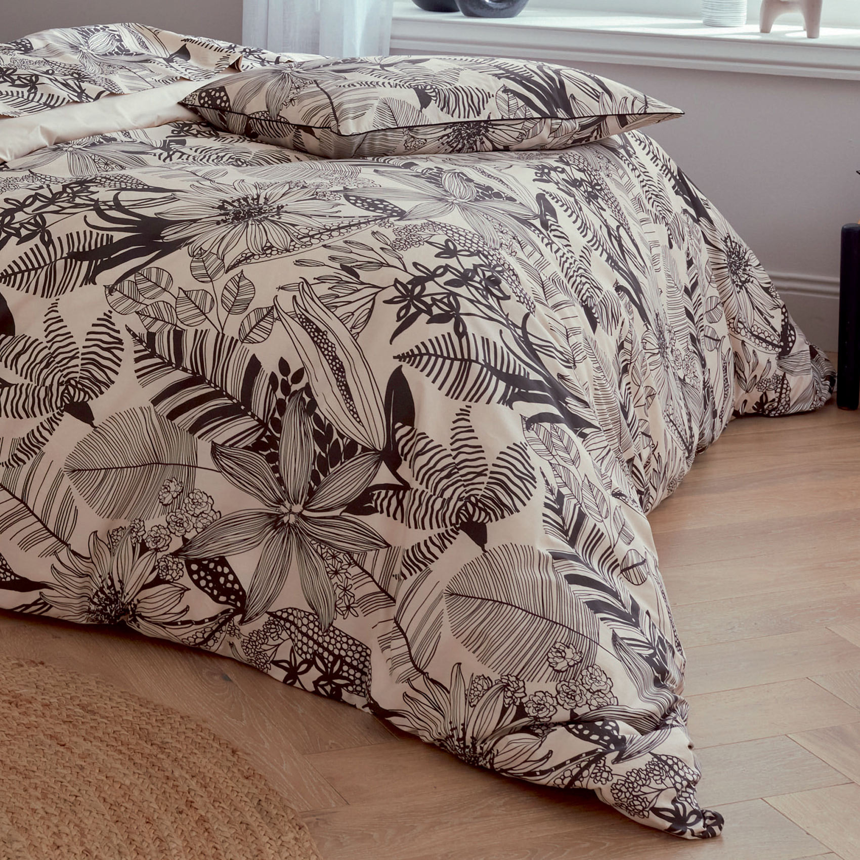 Housse de couette en percale aux impressions noires - Beige