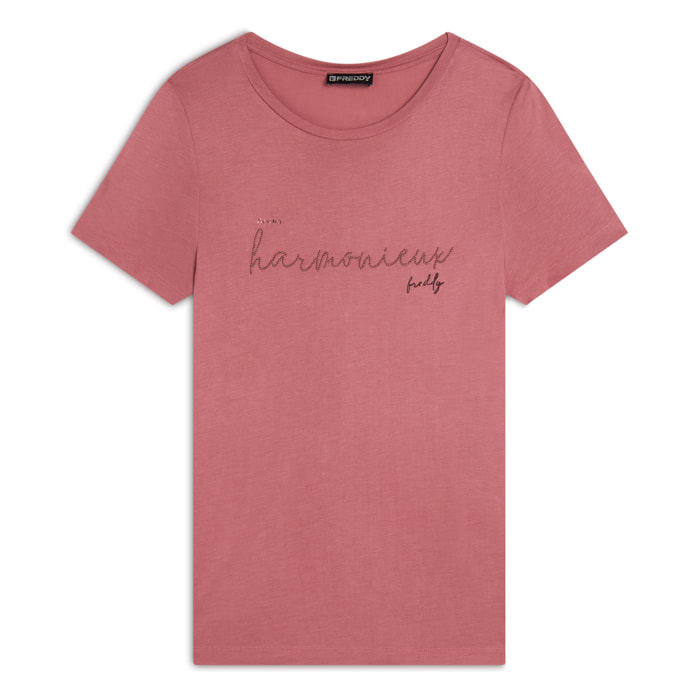 T-shirt donna in jersey viscosa scritta composta da borchie