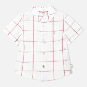 Camisa niño, lino, estampado cuadros, piedra