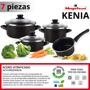 Magefesa kenia negra - batería de cocina 7 piezas, acero vitrificado exterior negro. antiadherente bicapa reforzado