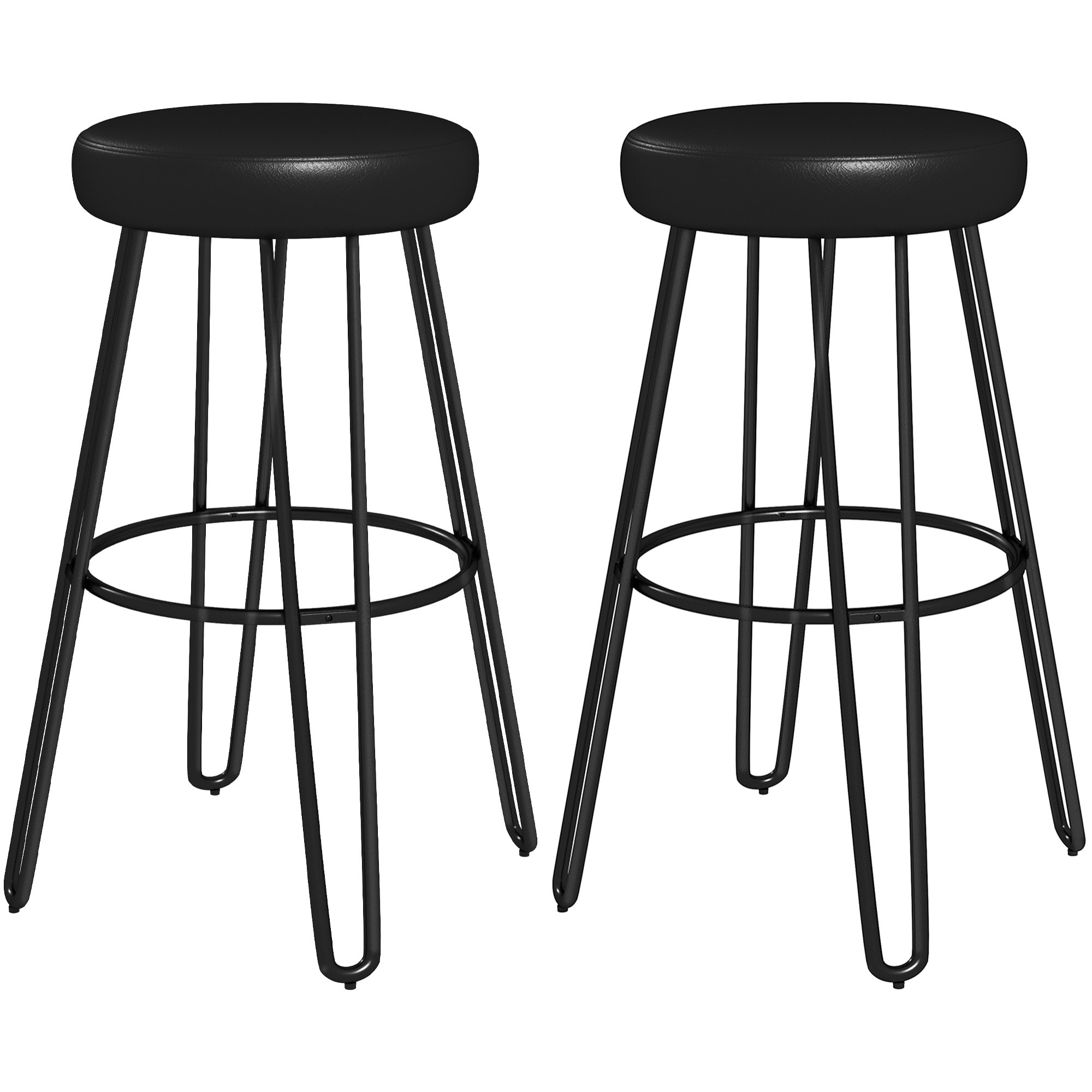 Lot de 2 tabourets de bar style industriel - repose-pieds - piètement épingle acier assise ronde noir