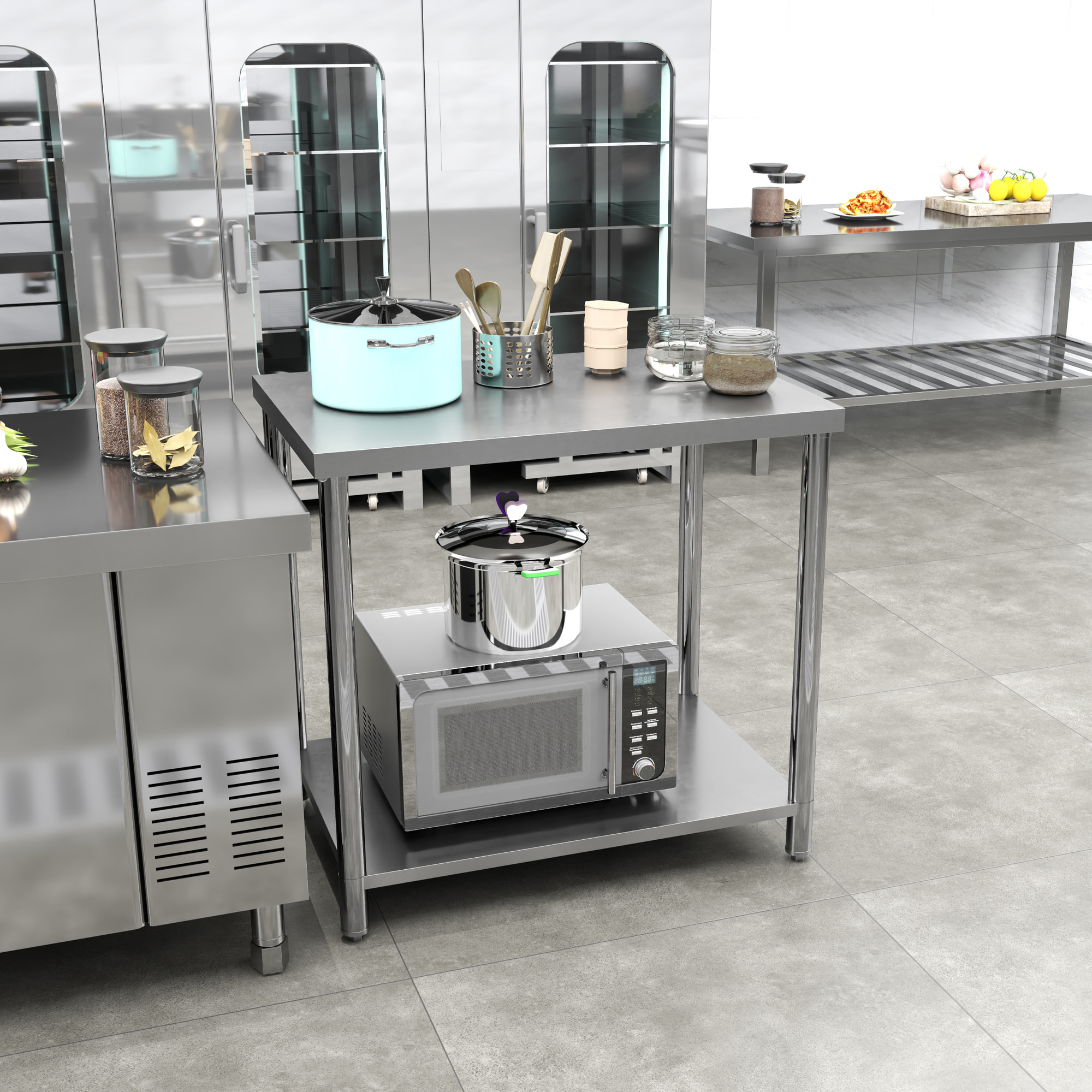 HOMCOM Mesa de Trabajo de Acero Inoxidable con 2 Estantes, Banco de Trabajo Taller Resistente para Cocina, Garaje, Carga 100 kg, 90x60x86 cm, Plata