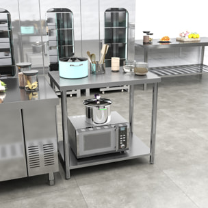 HOMCOM Mesa de Trabajo de Acero Inoxidable con 2 Estantes, Banco de Trabajo Taller Resistente para Cocina, Garaje, Carga 100 kg, 90x60x86 cm, Plata