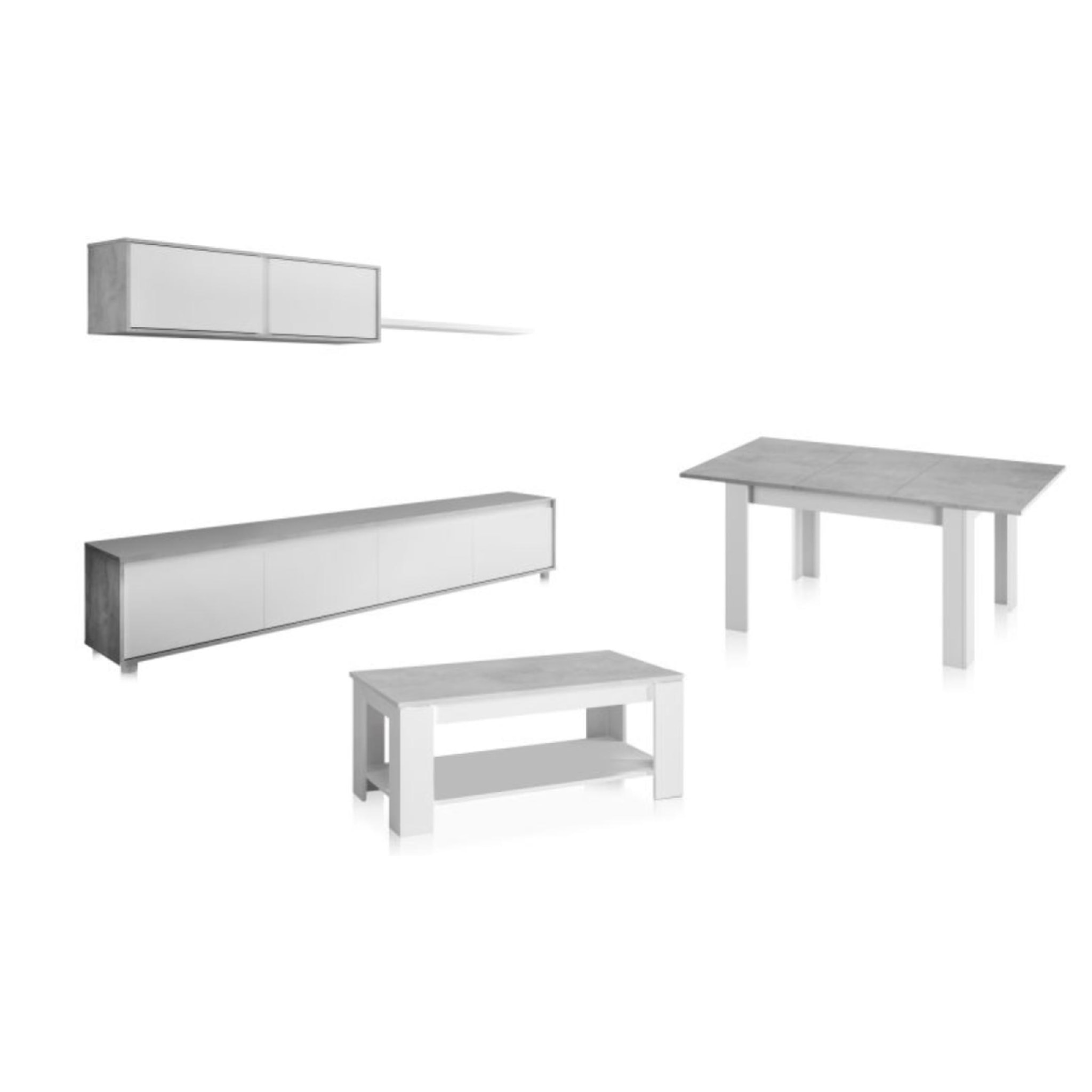 Pack salón con mesa de centro y mesa de comedor Arlet Max Blanco Artik (Blanco Mate) - Gris Cemento