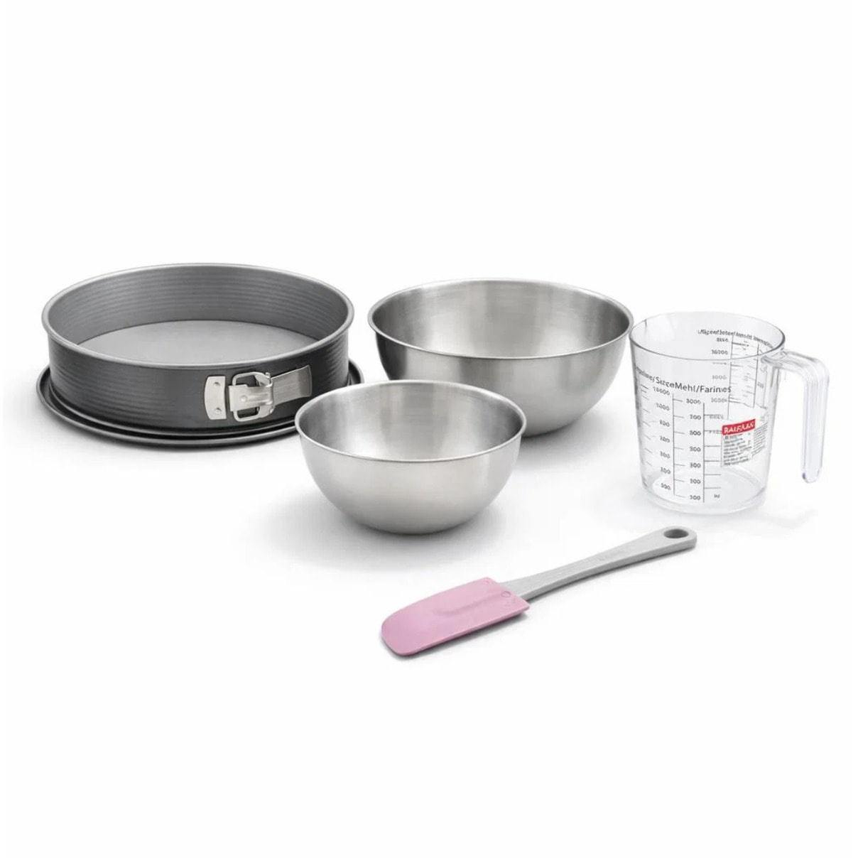 Set pâtisserie avec moule à manqué acier, 2 bols à mixer, verre mesureur et spatule Zenker