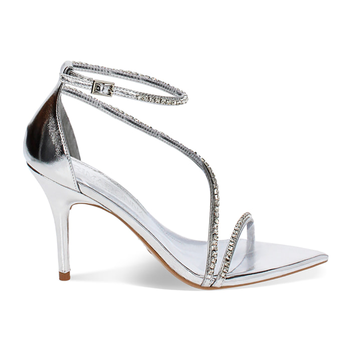 Sandali argento in laminato con pietre, tacco 11 cm
