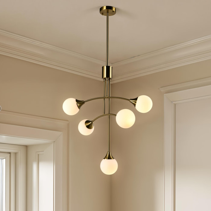 Lustre Tomasucci VENICE, verre blanc opale et acier finition laiton vieilli mat, 5 lumières, Ø 60 cm