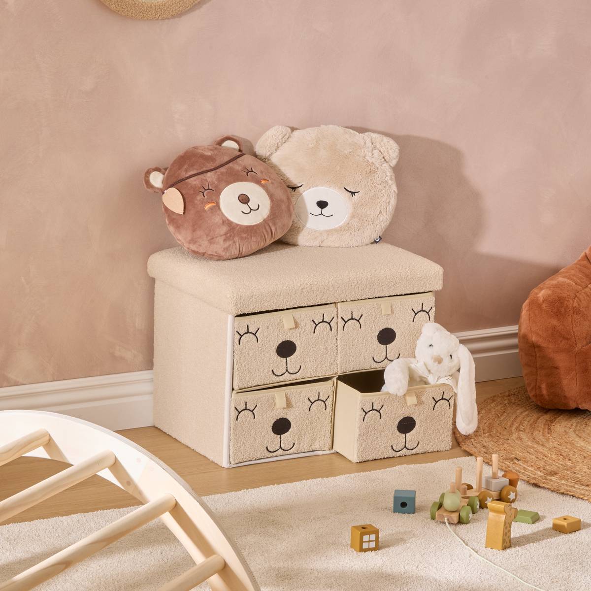 Pouf Pliant Enfant Ezzio Beige 4 Tirroirs 39x38x50 cm