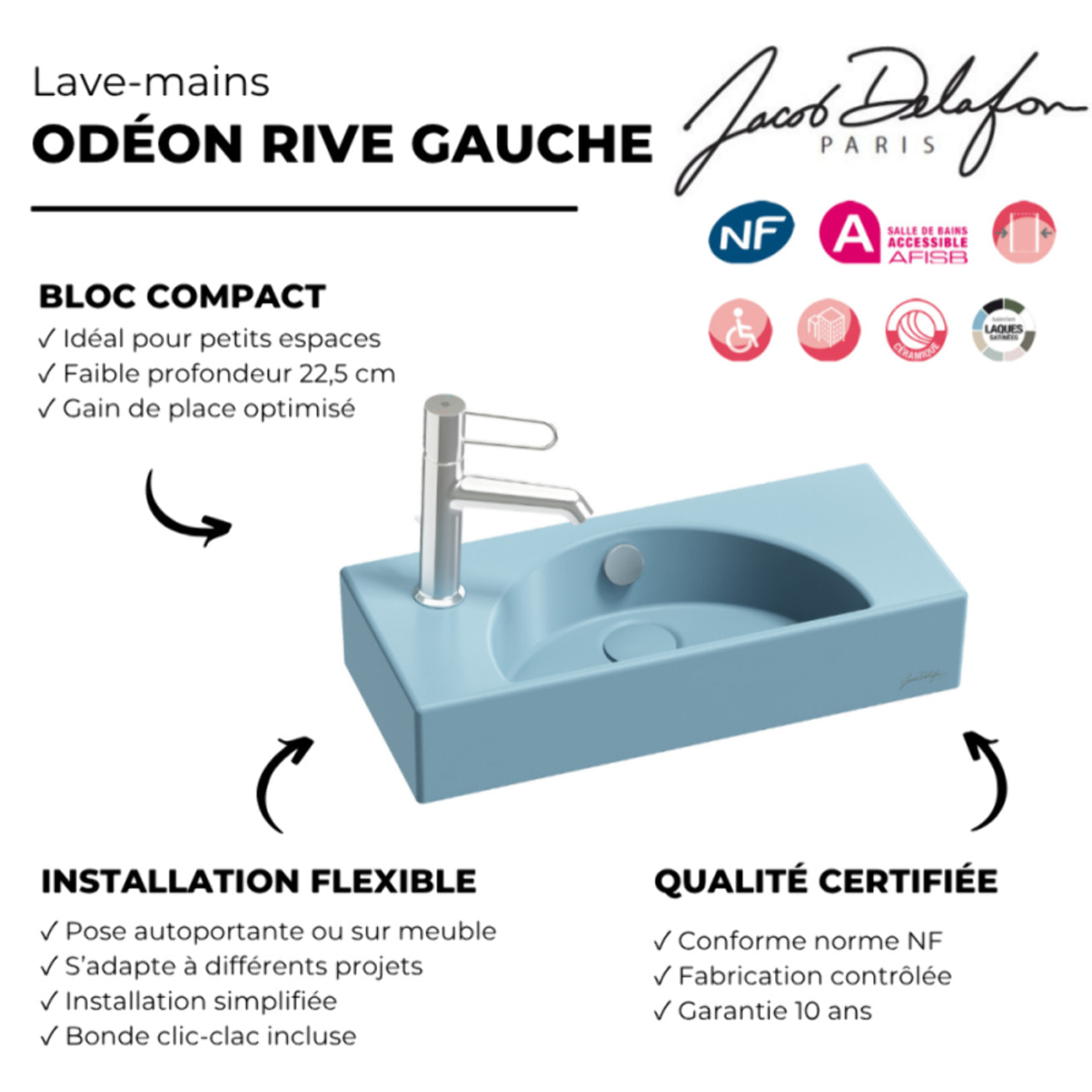 Lave-mains compact 50 cm Odéon Rive Gauche 1 trou de robinetterie à gauche Aigue marine satiné avec bonde