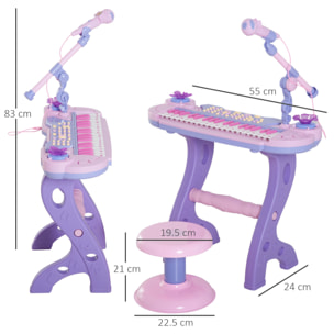 HOMCOM Pianola per Bambini con Sgabello e Microfono, 12 Strumenti e 22 Musiche, Registrazione, MP3 e Karaoke, Rosa