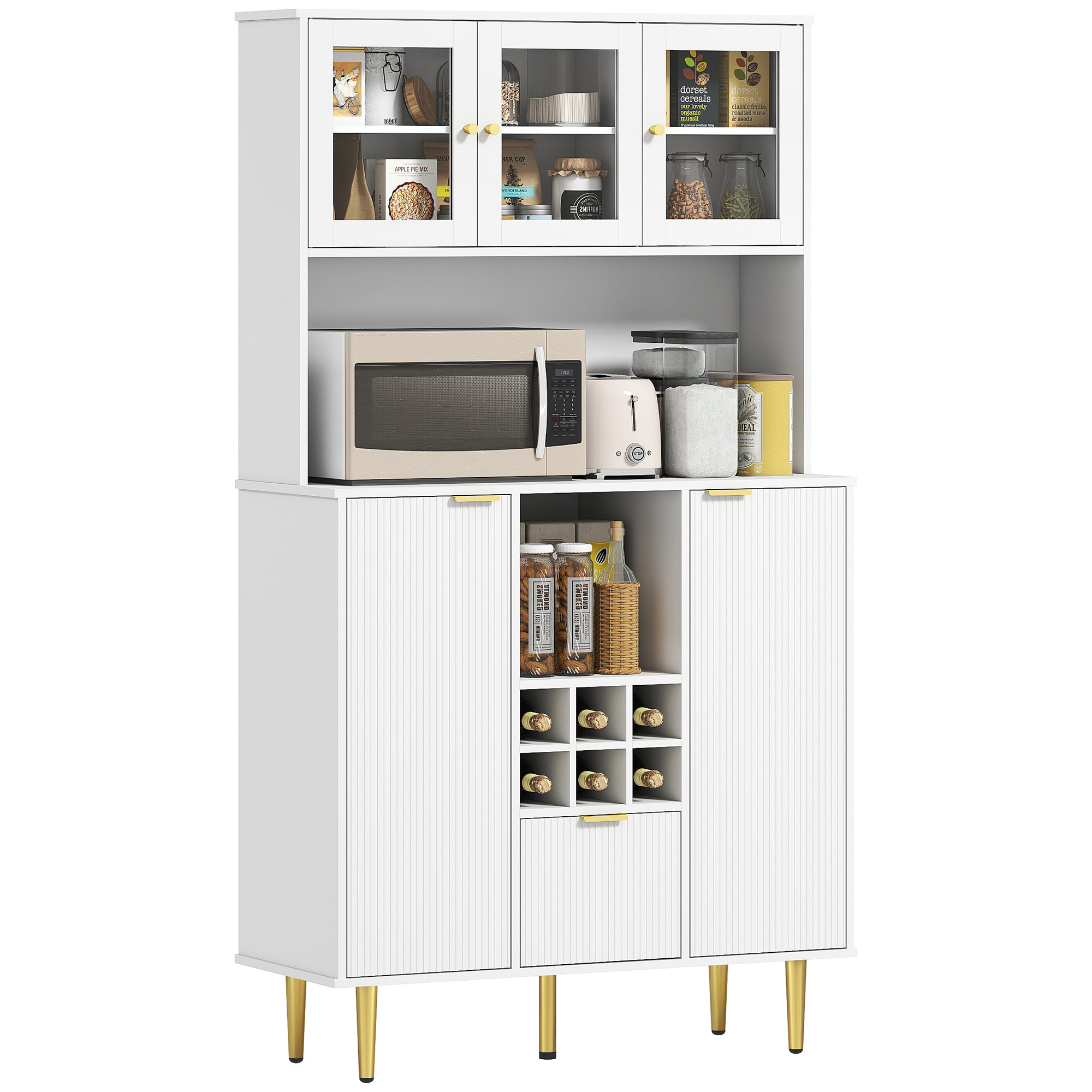 Alacena de Cocina Mueble Auxiliar de Cocina Aparador Alto con 3 Puertas de Vidrio Botellero Cajón Estantes Ajustables y Compartimentos Abiertos 100x40x180 cm Blanco