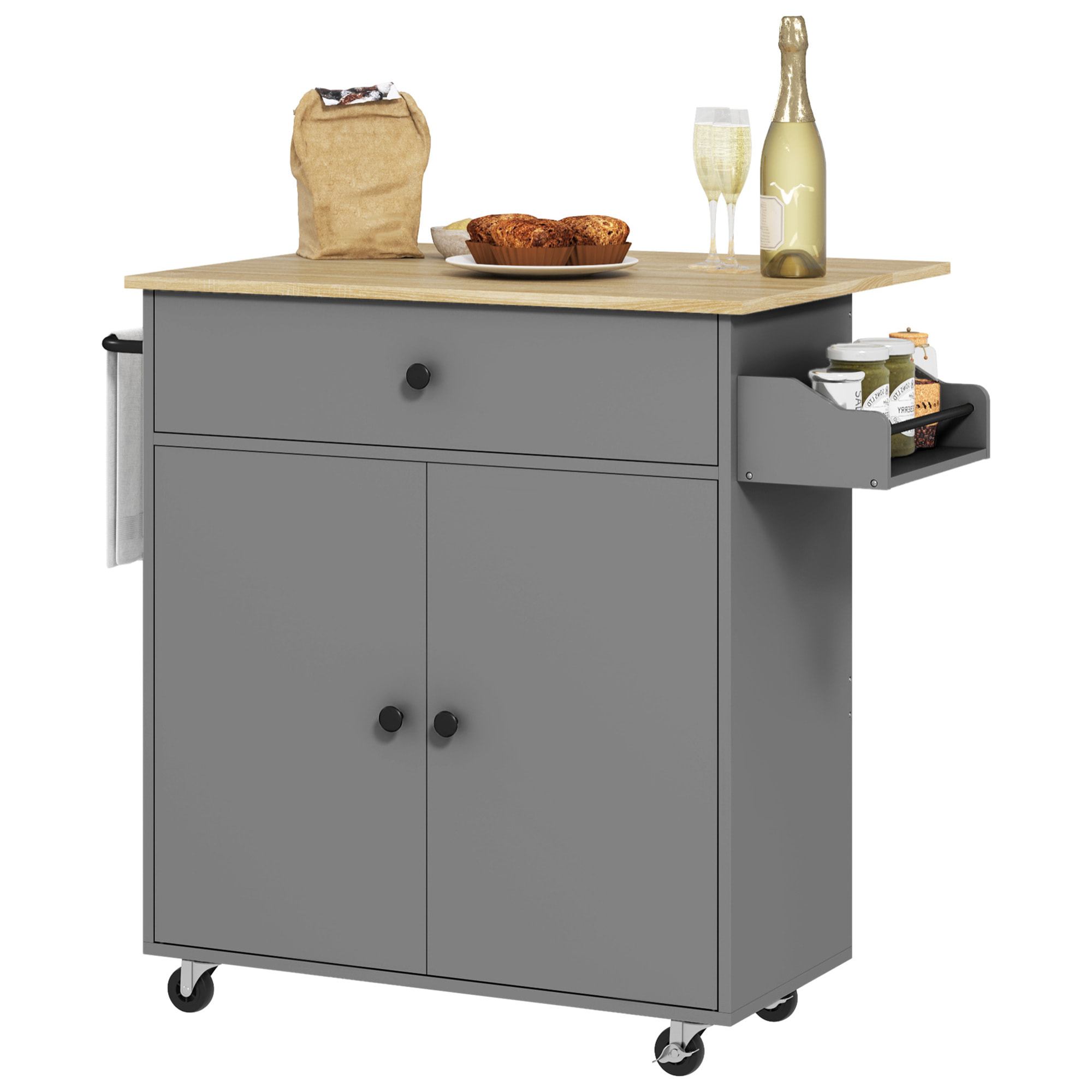 Isla de Cocina con Ala Abatible Carrito de Cocina Mueble Auxiliar de Cocina con Ruedas 2 Puertas Cajón Especiero Toallero y Estante Ajustable 106x42x87 cm Gris y Roble