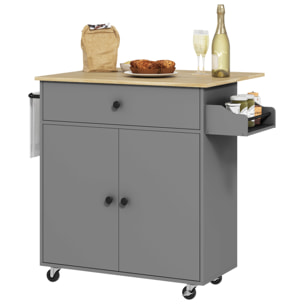 Isla de Cocina con Ala Abatible Carrito de Cocina Mueble Auxiliar de Cocina con Ruedas 2 Puertas Cajón Especiero Toallero y Estante Ajustable 106x42x87 cm Gris y Roble