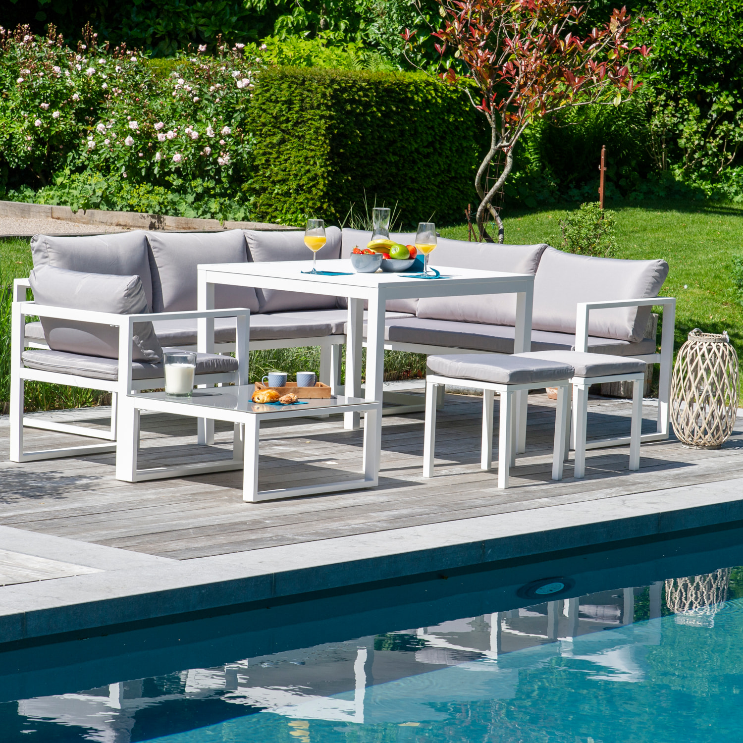 Salon de jardin modulable IBIZA en tissu gris 7 places - aluminium blanc