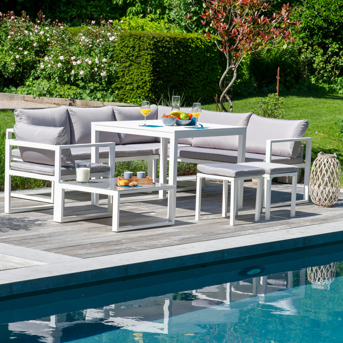 Salon de jardin modulable IBIZA en tissu gris 7 places - aluminium blanc