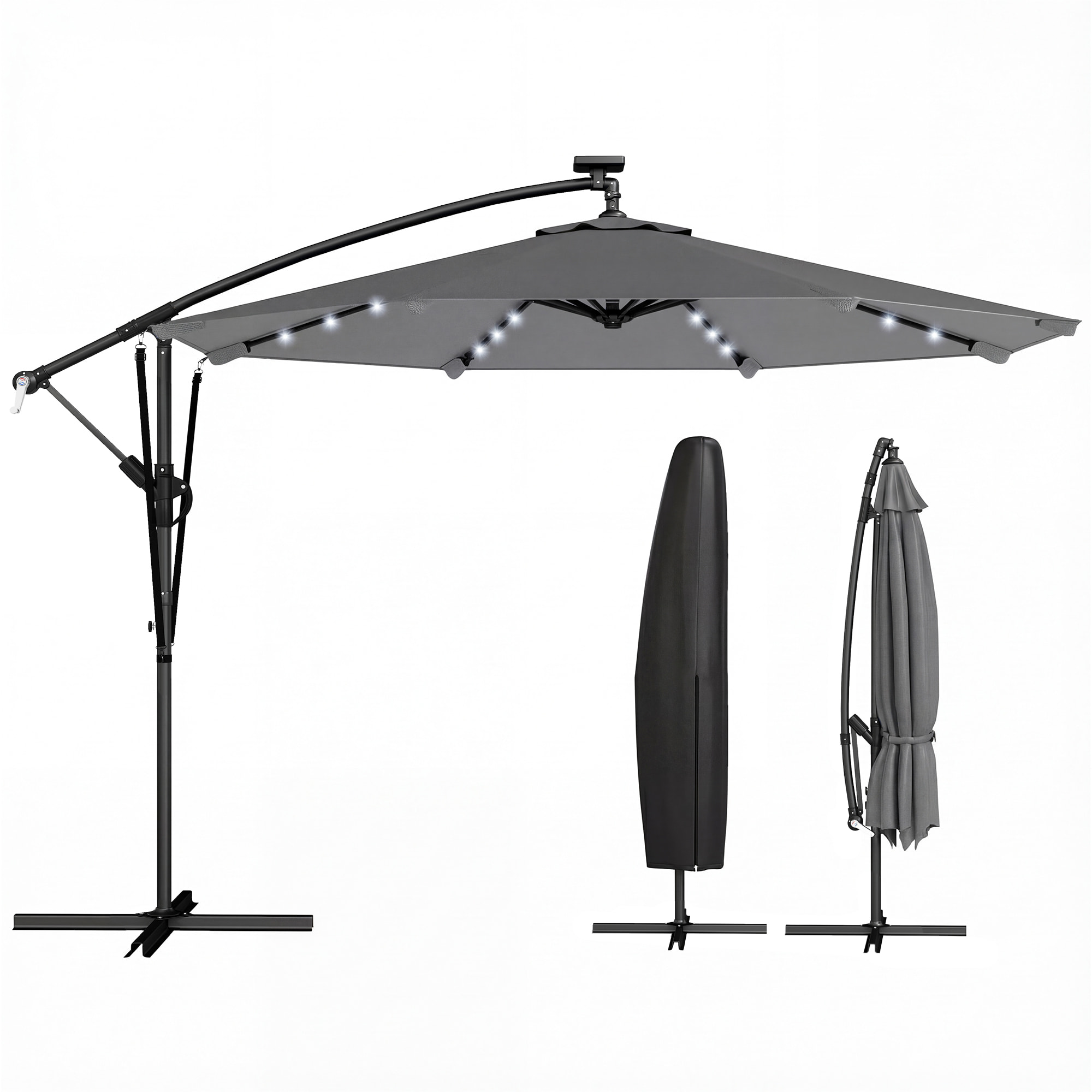 Parasol Excéntrico con Luces LED Solares, Ø330 cm, Sombrilla de Jardín con Base Cruzada, Manivela, Funda Protectora y Cuerda de Viento, Anti-UV 50+, para Terraza, Patio, Gris Oscuro