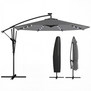Parasol Excéntrico con Luces LED Solares, Ø330 cm, Sombrilla de Jardín con Base Cruzada, Manivela, Funda Protectora y Cuerda de Viento, Anti-UV 50+, para Terraza, Patio, Gris Oscuro