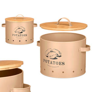 Tarro beige con asas laterales y tapa de bambú. Diseño "Potatoes".