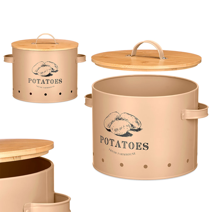 Tarro beige con asas laterales y tapa de bambú. Diseño "Potatoes".