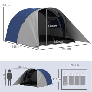 Tente de camping familiale 3-4 pers. - tente tunnel double toit sac inclus - fibre verre polyester bleu gris