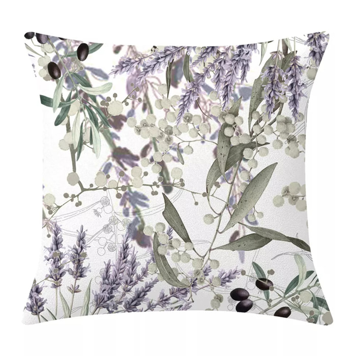 Housse de coussin lin & coton 165 g/m² imprimé vert violet Parfum de lavande mauve
