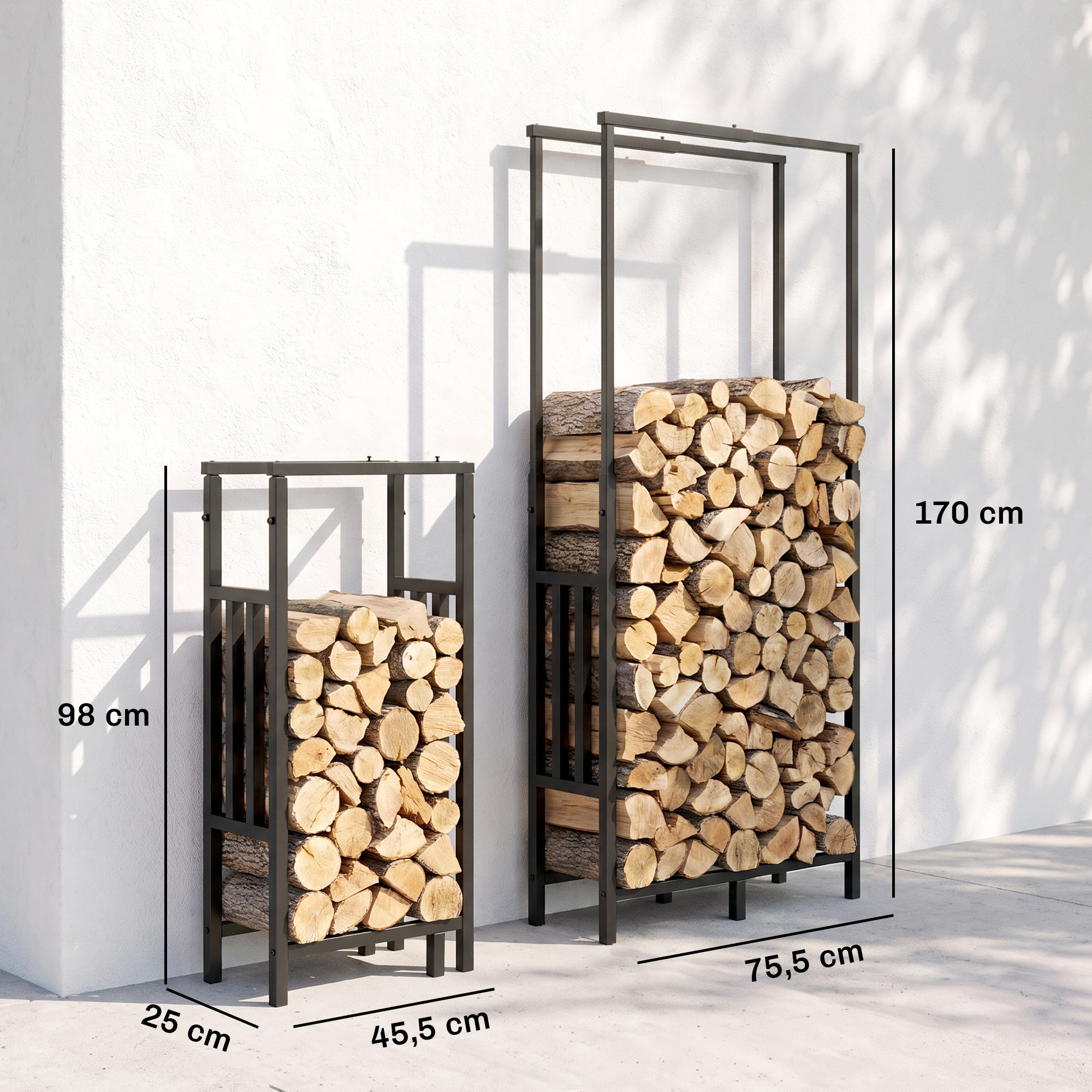 Estante de Leña de Acero Robusto, Leñero Exterior con Ancho y Alto Ajustables, Soporte para Leña de Chimenea para Interior y Exterior, Carga 100 kg, 45,5-75,5x25x98-170 cm, Negro