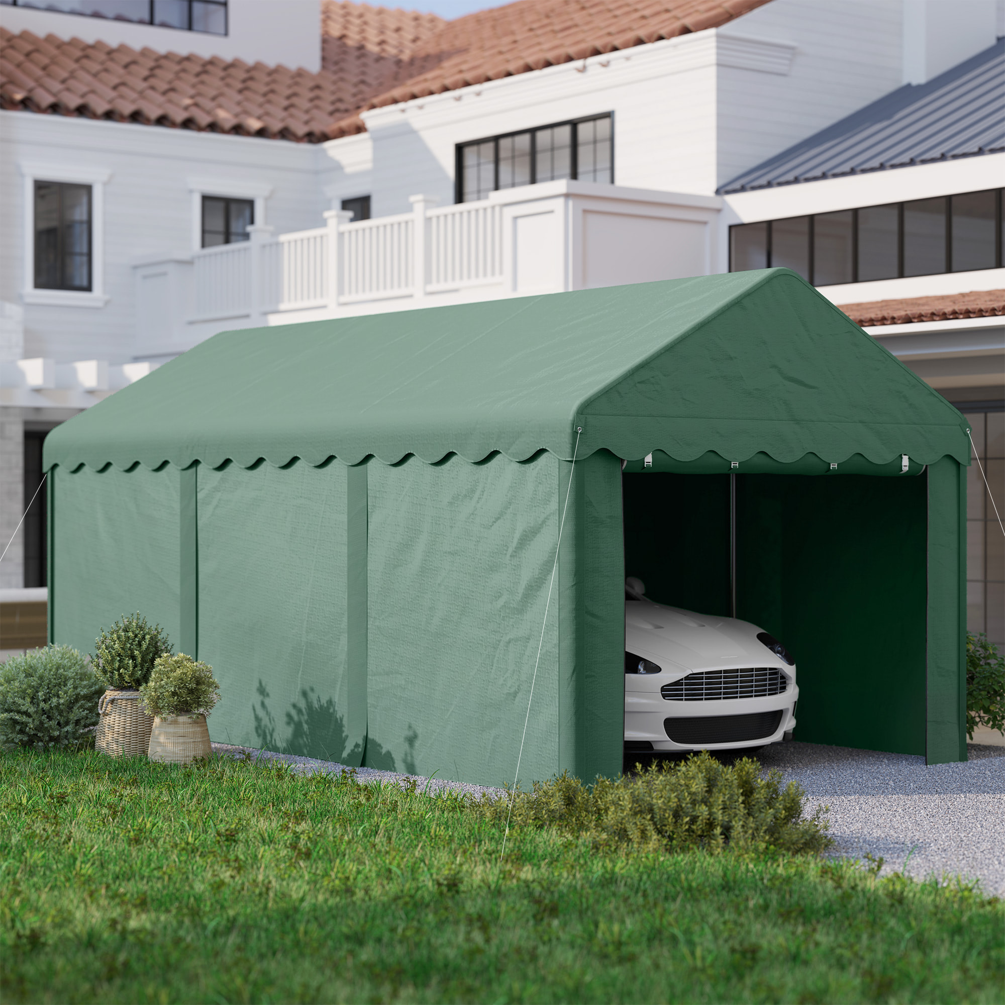 Carpa Garaje 6x3 m Garaje Exterior para Coche Impermeable Garaje Portátil Anti-UV con Paredes Laterales Desmontables y 2 Puertas con Cremallera Verde