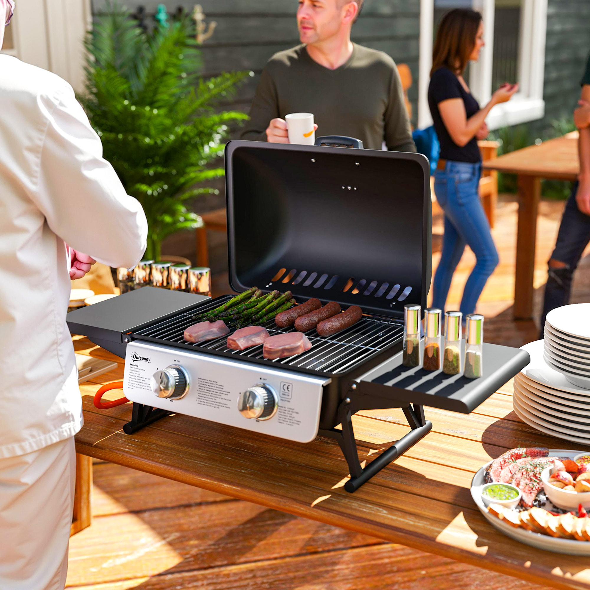 Barbacoa de Gas con 2 Quemadores de Acero Inoxidable 2,8 KW Barbacoa Portátil con Mesas Laterales Plegables Bandeja Extraíble y Termómetro para Pícnic Camping 101x48x41 cm Negro