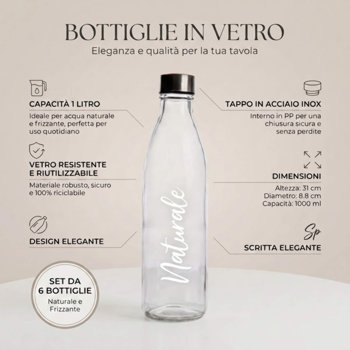 Set 6 bottiglie in vetro da 1 litro con tappo in acciaio inox, bottiglie per acqua naturale e frizzante, resistenti e riutilizzabili, design elegante per tavola e frigorifero, facili da pulire, ideali per casa ristorante e ufficio