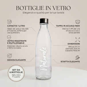 Set 6 bottiglie in vetro da 1 litro con tappo in acciaio inox, bottiglie per acqua naturale e frizzante, resistenti e riutilizzabili, design elegante per tavola e frigorifero, facili da pulire, ideali per casa ristorante e ufficio
