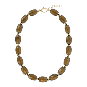 Collana Girocollo in Argento 925 Placcata Oro Giallo 18kt con Quarzo Marrone e Sfere Martellate