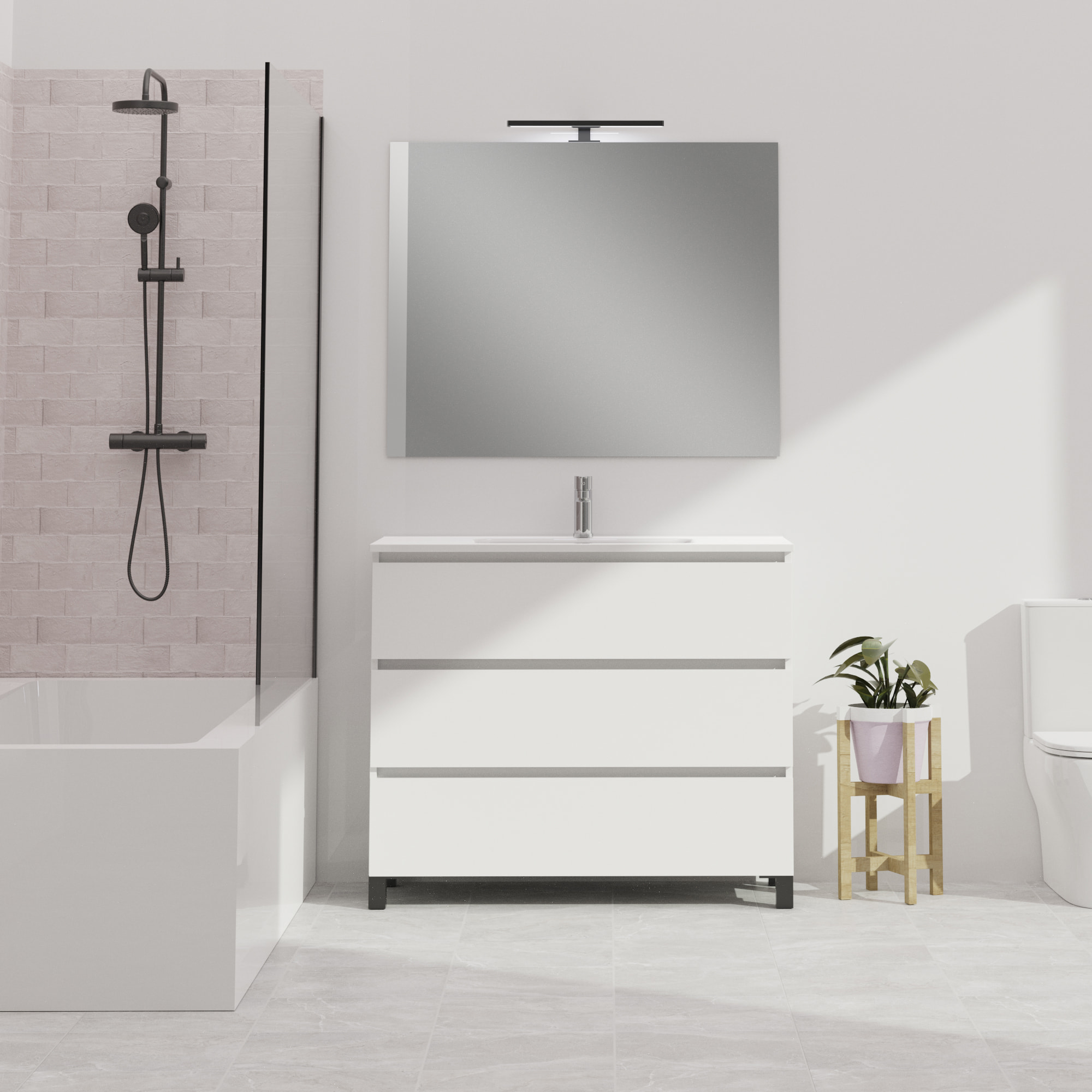 Ensemble De Salle De Bain Wink | 100 Cm Blanc Mat | 3 Tiroirs | Vasque Ceramique | N'Inclut Pas Miroir | Mueble Montado | Alday