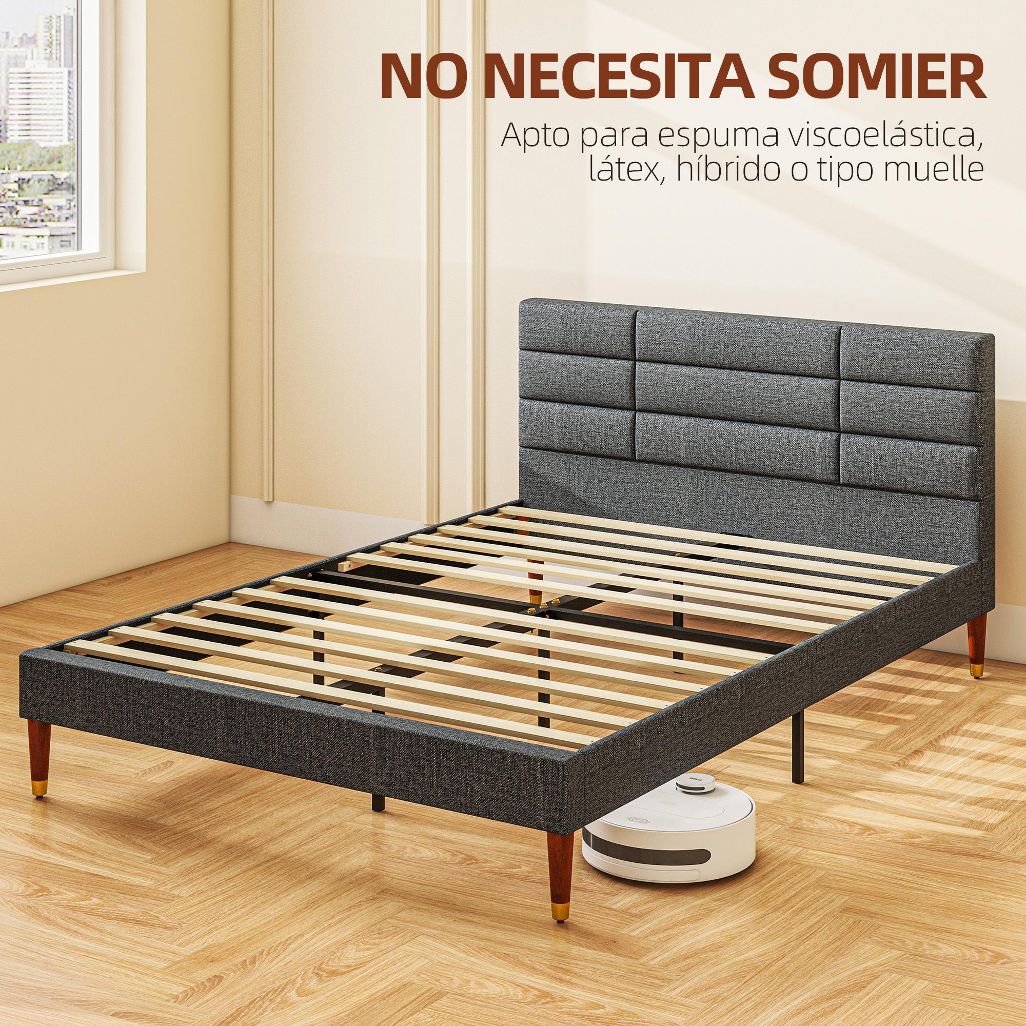 Cama 140x200 cm Estructura de Cama Somier con Cabecera Tapizada de Lino y Espacio de Almacenamiento Debajo de la Cama Carga 250 kg Gris