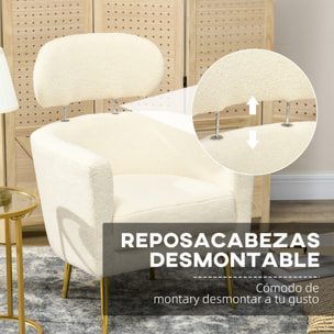 Butaca de Salón Sillón Individual Silla de Ocio Tapizado en Vellón con Reposacabezas y Patas de Metal para Dormitorio Oficina Habitación Carga 125 kg Crema