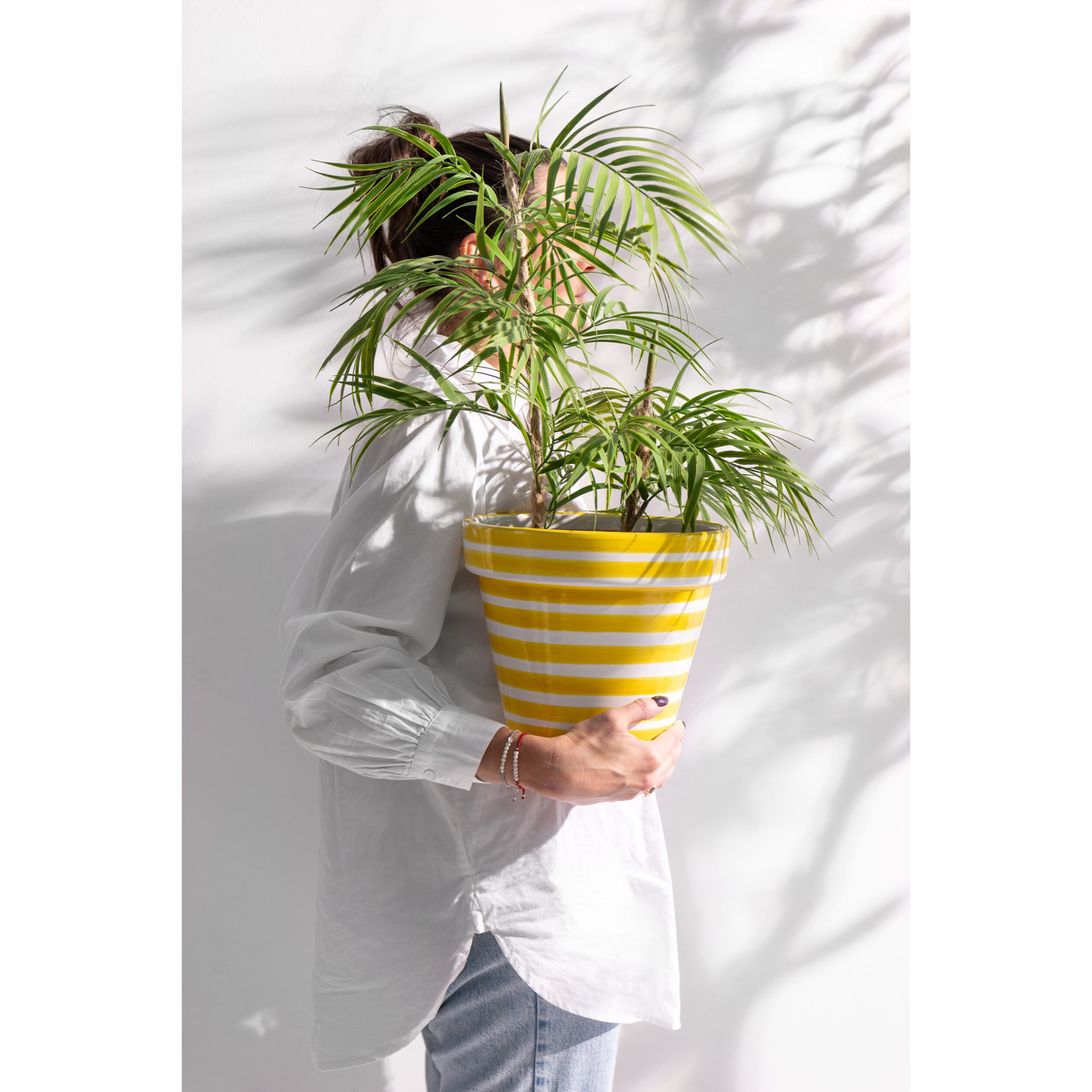 J-Line cache-pot Granada Stripes Handmade + Painted - céramique - jaune - medium - Ø 27 cm