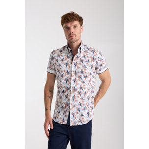 Camicia Uomo Manica Corta 2 Bottoni Button Down 7 Botto Popeline Stretch Stampato Bianco\Blu Inchiostro