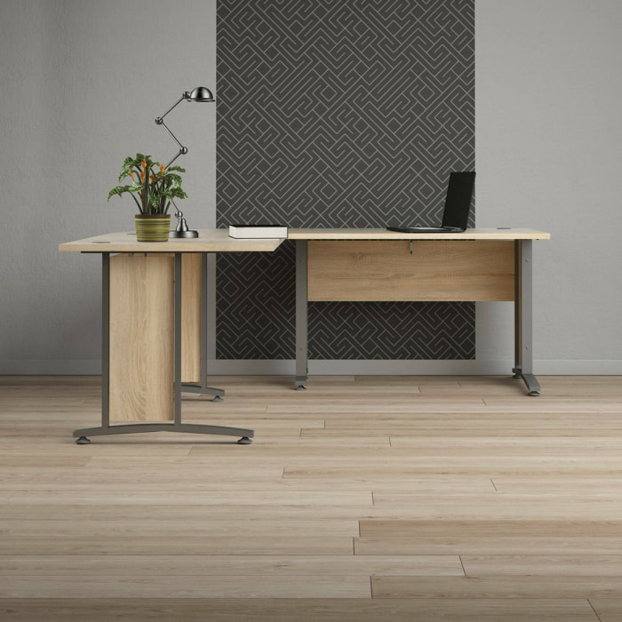 Scrivania Heling, Scrittoio multiuso, Tavolo per ufficio porta PC, Piano di lavoro, 200x200 h75 cm, Grigio e Quercia