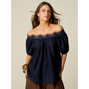 Oltre - Blusa off shoulders con encaje - Azul