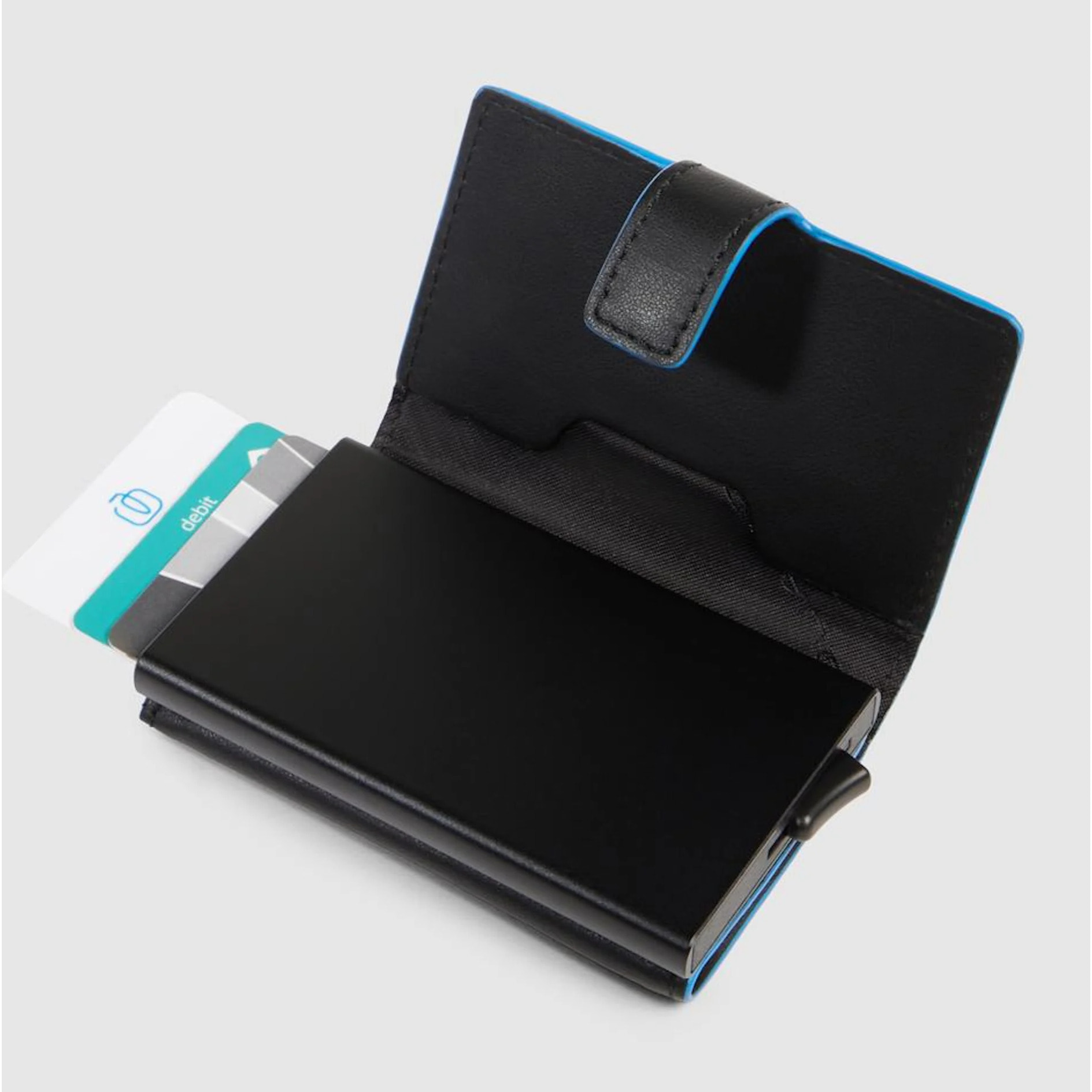 Piquadro Portacarte automatico in metallo e pelle, schermato con protezione RFID
