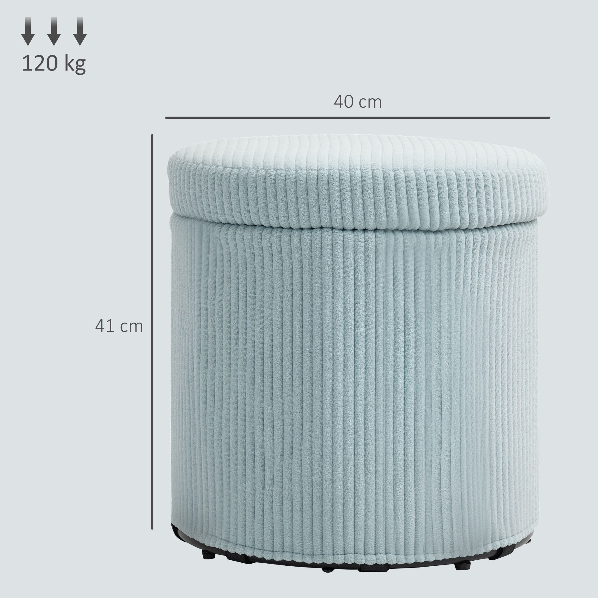 Puff Almacenaje Baúl de Almacenaje Redondo Tapizado en Pana Asiento Acolchado Tapa Extraíble para Pasillo Dormitorio Salón Ø40x41 cm Azul Claro