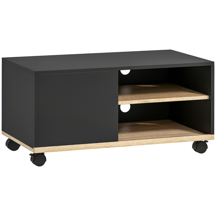 Meuble TV sur roulettes avec 2 freins - 2 niches + placard porte 2 passe-fil - panneaux particules noir chêne clair