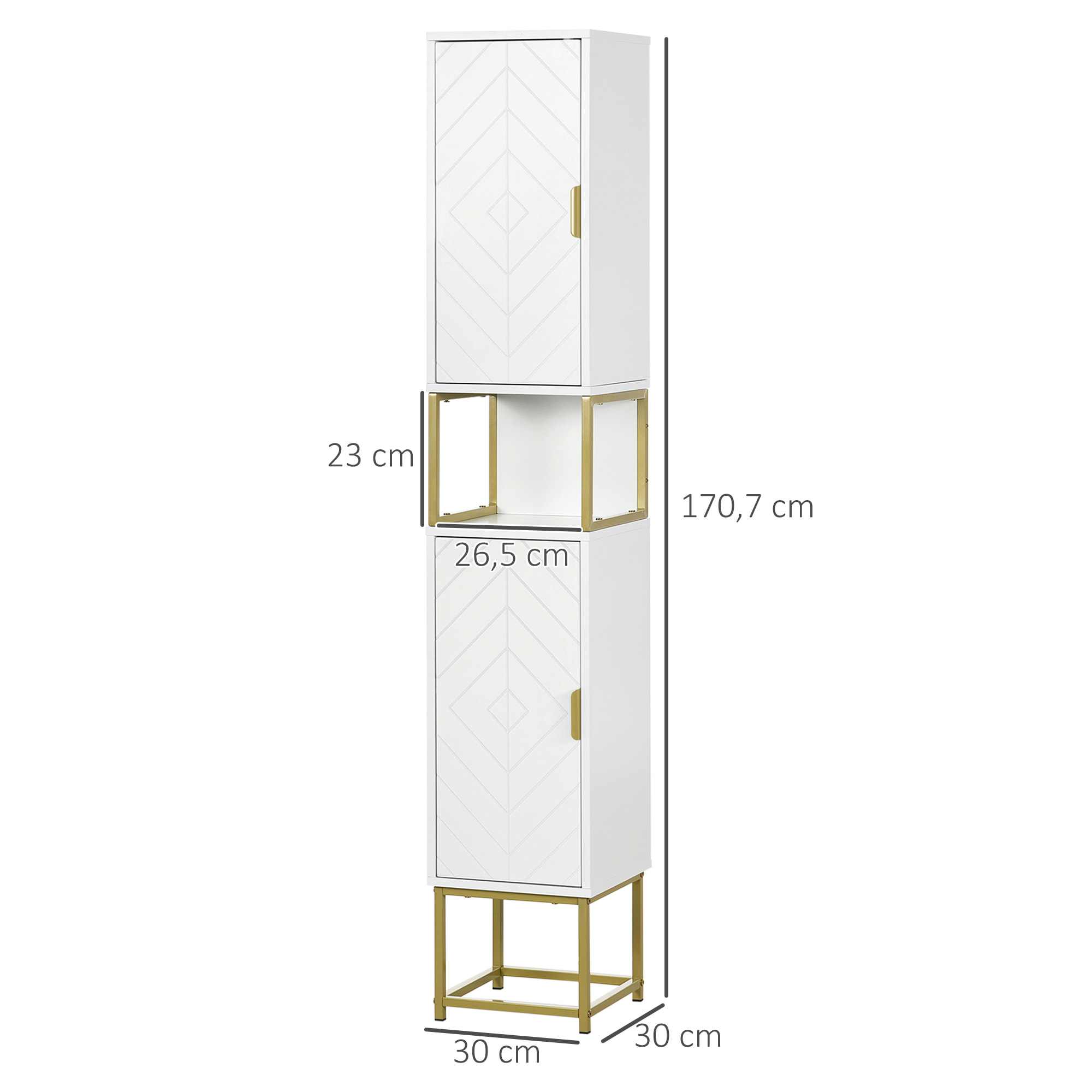 Columna de Baño Mueble Auxiliar de Baño Armario de Baño con 2 Puertas Compartimiento y Estantes Ajustables Antivuelco Estilo Moderno 30x30x170,7 cm Blanco