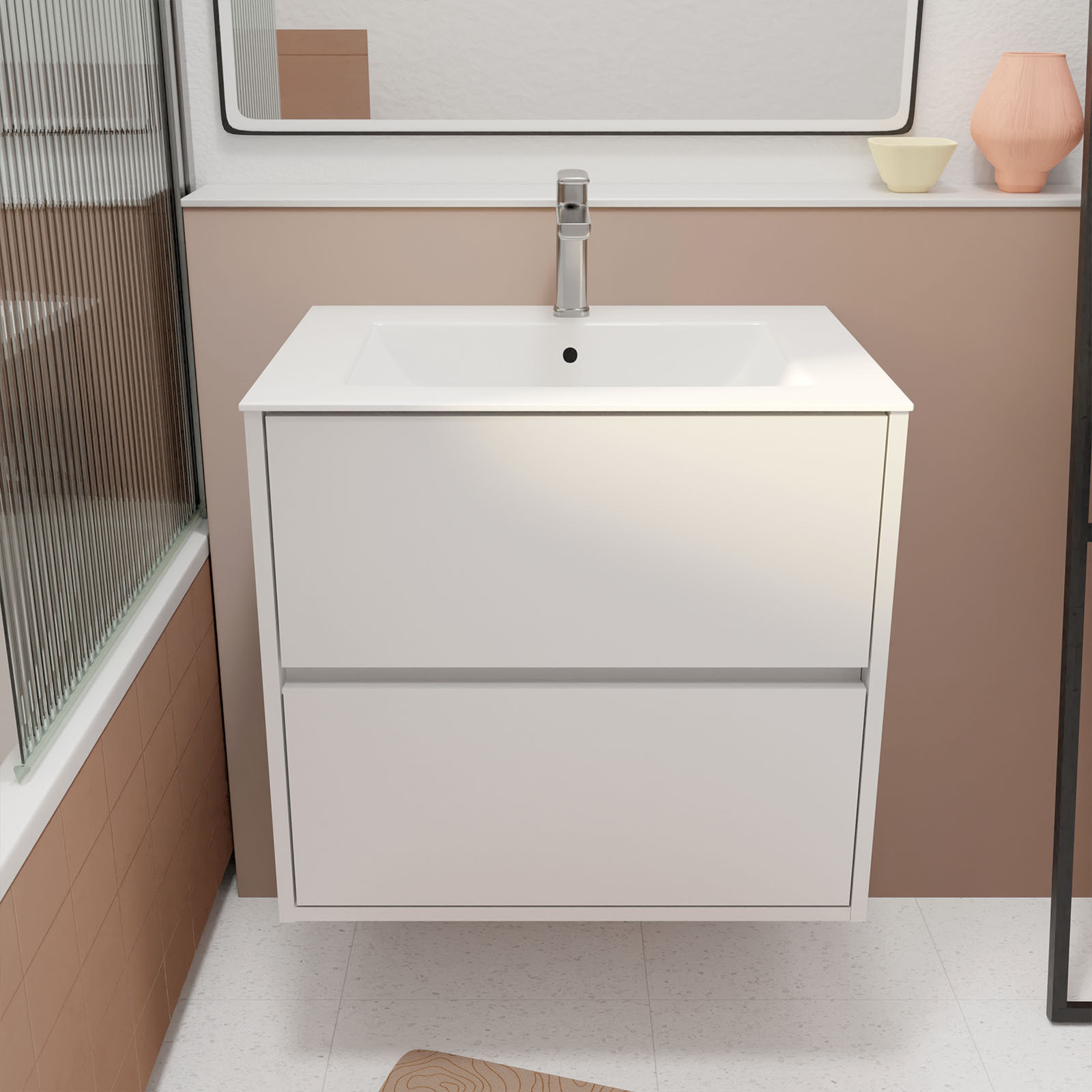 Pack Meuble Salle de Bains 60 cm Laqué Blanc, 2 tiroirs avec Vasque Céramique - XENOS